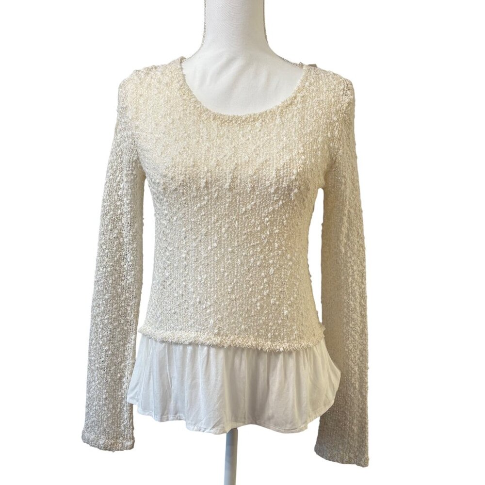 Wet Seal Womens Knit Textured Sheer Long Sleeve Top W/ Ruffle Hem & Back Zipper